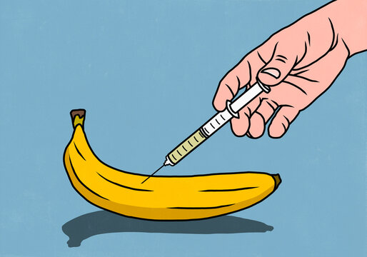 Close up of hand with syringe injecting banana on blue background