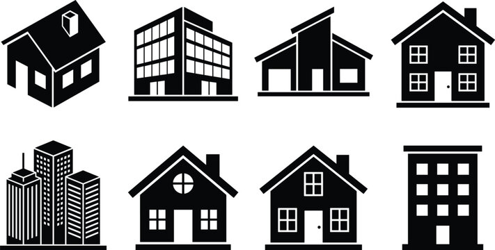 Black house and building silhouette icon set with real estate property property architecture vector shapes