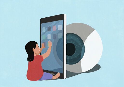 Large eyeball hiding behind smart phone, watching toddler girl using mobile apps