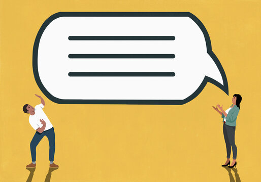 Man overwhelmed by large speech bubble above woman talking and gesturing