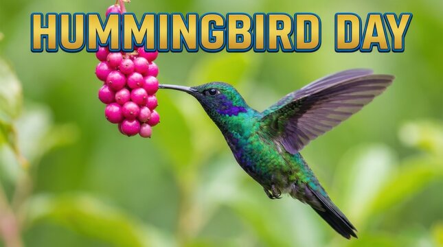 Hummingbird feeding on pink berries. Vibrant bird hovering near fruit in nature.