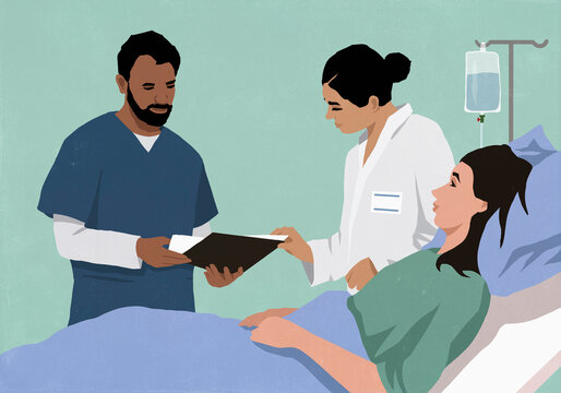 Female doctor and male nurse making rounds, reviewing medical chart in hospital room with patient