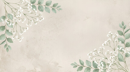 Elegant watercolor floral background with green eucalyptus leaves and white baby's breath on textured vintage paper. Romantic wedding invitation background frame with botanical greenery,  © bikram