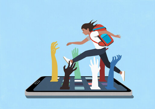 Schoolgirl with backpack running and jumping over hands emerging and reaching from smart phone apps
