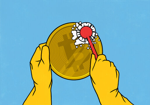 Personal perspective of gloved hands scrubbing Bitcoin with dish brush