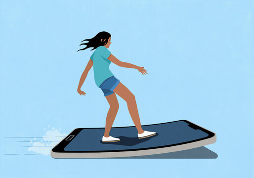 Young woman surfing the net on smart phone screen against blue background