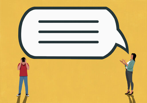 Frustrated boy with head in hands below large speech bubble coming from talking mother