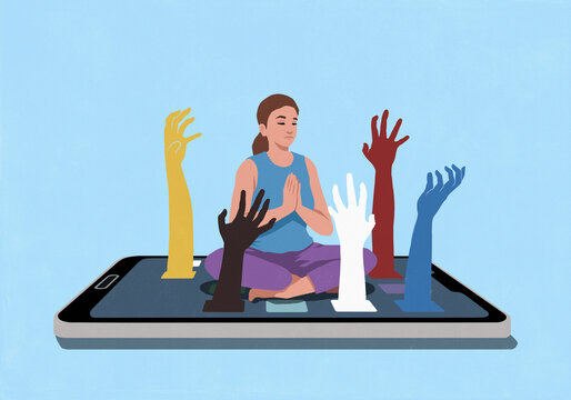Hands reaching up from smart phone screen, trying to distract serene woman meditating