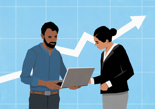 Business people with laptop strategizing in front of ascending arrow on graph