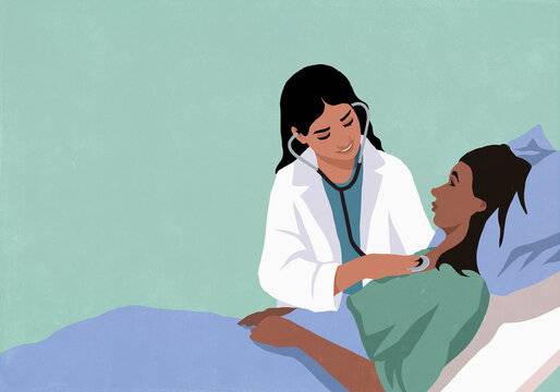 Smiling female doctor with stethoscope examining patient laying in hospital bed