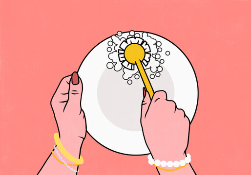 Personal perspective of woman with red fingernails and bracelets doing dishes, washing plate