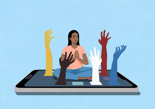 Serene young woman meditating on smart phone screen among distracting arms reaching from mobile apps