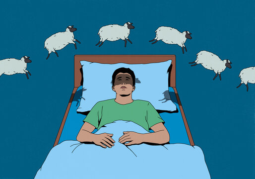 Man in bed with insomnia counting sheep floating overhead