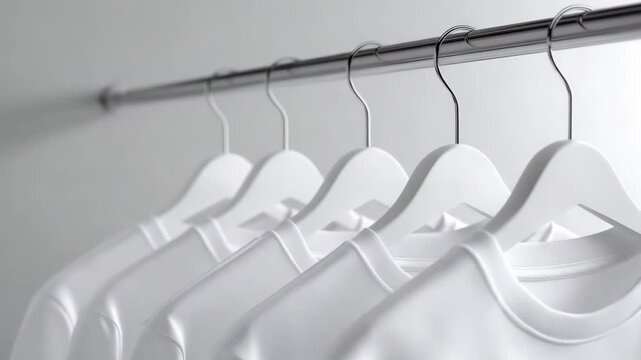 White cotton t shirts are organized neatly on hangers in a clean space showcasing a minimalistic design aesthetic