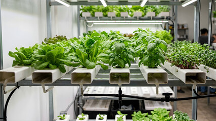 Fototapeta premium Indoor hydroponic farm cultivating fresh vegetables and herbs in a controlled environment