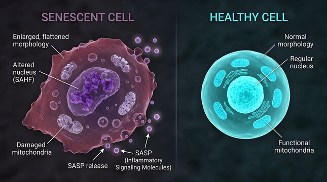 Senescent cell vs healthy cell comparison. Biological diagram of aging and cellular health.