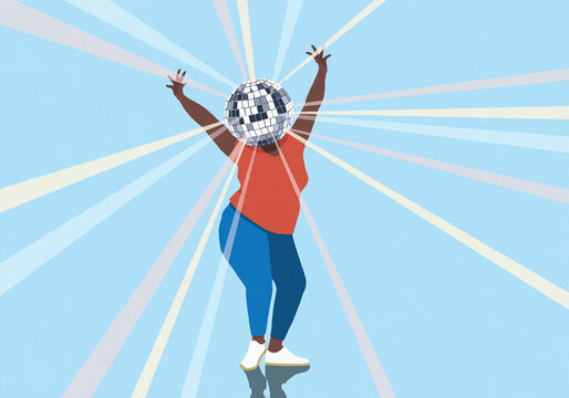 Carefree woman with disco ball for a head dancing against blue background