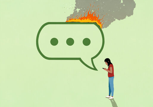 Large speech bubble on fire above teenage girl texting with smart phone against green background