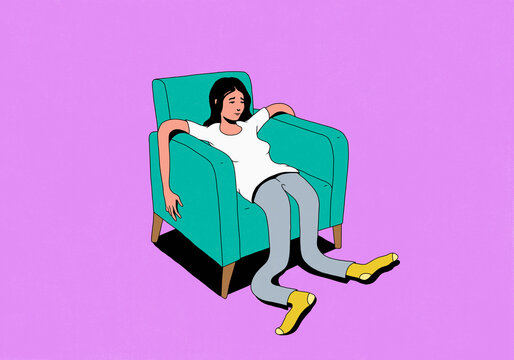 Tired woman with floppy limbs reclining in turquoise armchair against purple background