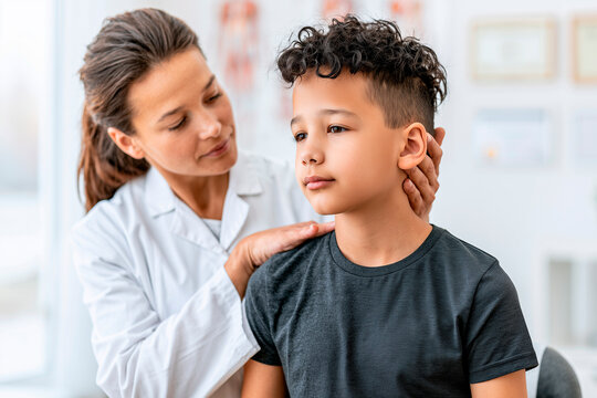 Female Physical Therapist Performing Cervical Spine Assessment on Teenage Boy in Modern Clinic