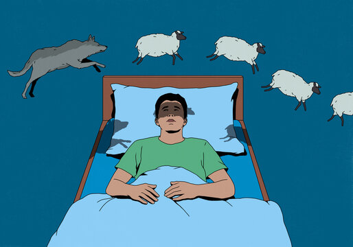 Man with insomnia laying in bed and looking up watching wolf chasing counting sheep