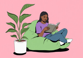 Young woman relaxing, reading book on bean bag chair next to houseplant against pink background