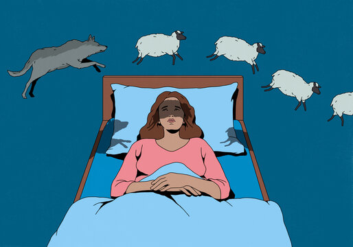 Man with insomnia laying in bed and looking up watching wolf chasing counting sheep