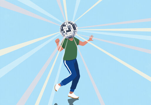 Carefree man with disco ball for a head dancing against blue background