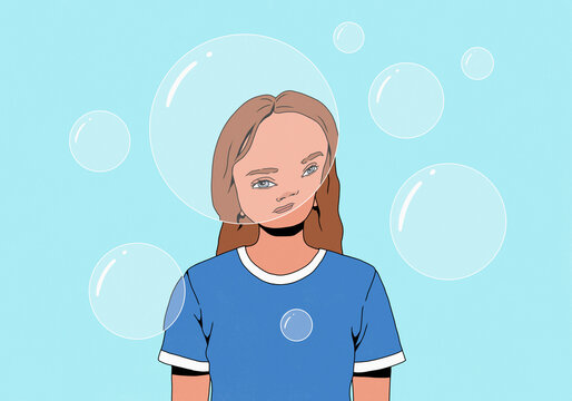 Woman's face slightly warped behind floating bubble