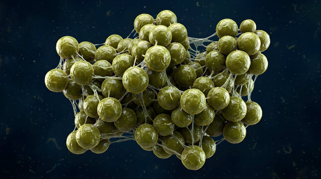 Staphylococcus aureus bacteria cluster. Microscopic view of spherical cocci pathogens.