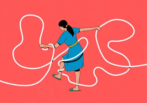 Woman in dress tangled in white rope against vibrant red background
