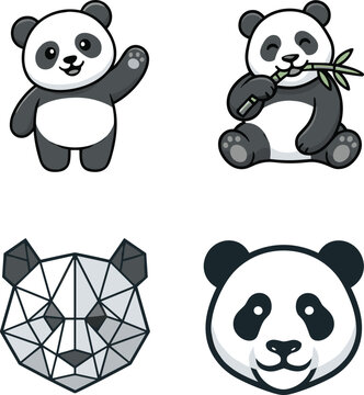 Cute Giant Panda Cartoon Character Set Featuring Waving Eating Bamboo Stalk Geometric Low Poly and Linear Head VectorsCute Giant Panda Cartoon Character Set Featuring Waving Eating Bamboo Stalk Geomet