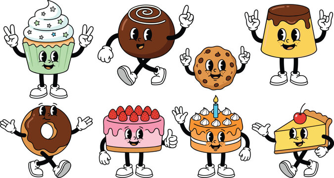 Retro cartoon bakery dessert mascot character icon set with cute walking cake donut and cupcake