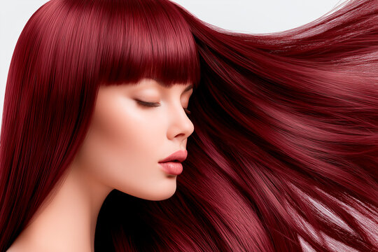 Luxury Beauty Portrait of Woman with Ultra Long Rose Burgundy Hair in Side Profile