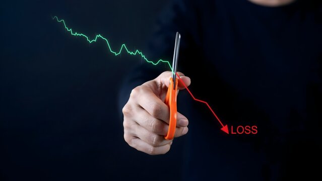 A hand holding scissors cutting a downward trend line on a financial chart, symbolizing the strategy to stop financial losses and manage investment risks