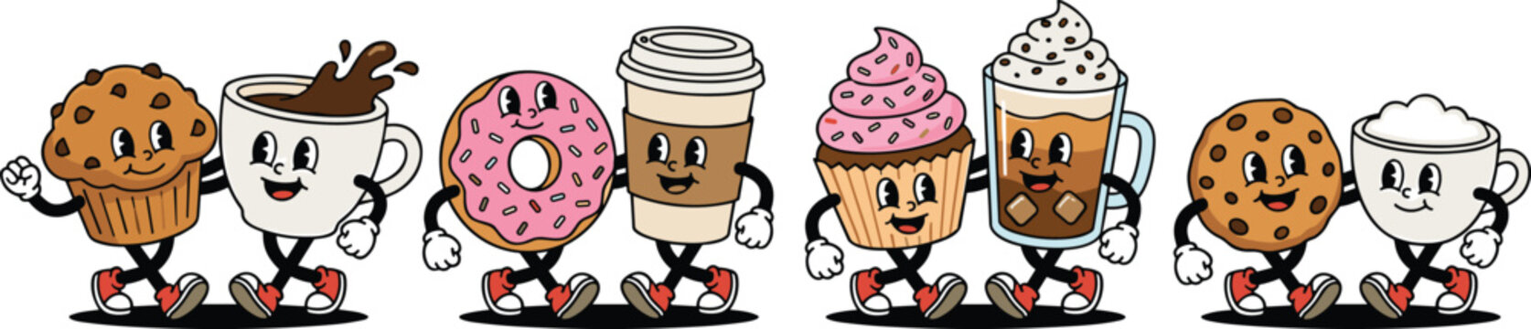 Retro cartoon coffee and bakery couple mascot set with walking donut muffin cup and cookie
