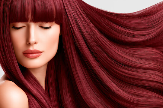 Luxury Beauty Portrait of Woman with Ultra Long Rose Burgundy Hair in Side Profile