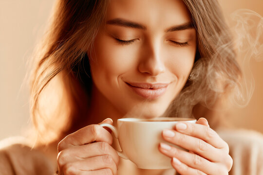 Relaxed Young Woman Enjoying Fresh Coffee in Warm Morning Light