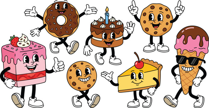 Retro cartoon dessert sweet food mascot character set with walking cake donut cookie and ice-cream