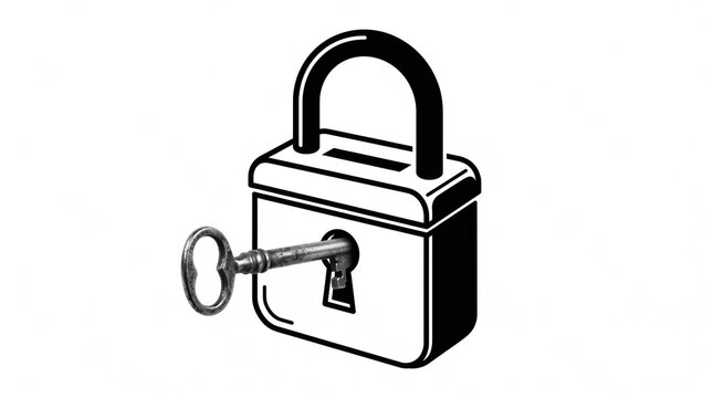 A black and white illustration of a padlock with an old-fashioned key inserted into its keyhole.