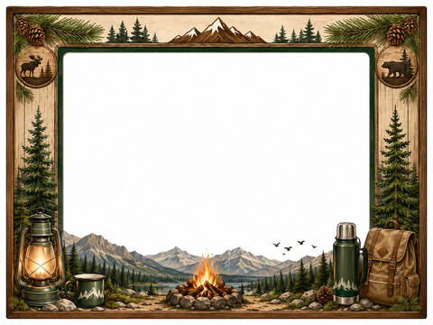 A cozy outdoor camping border with mountains, evergreen forest, campfire, lantern, backpack, thermos, and wilderness scenery. Ideal for camping events, hiking clubs, outdoor adventure promotions, trav