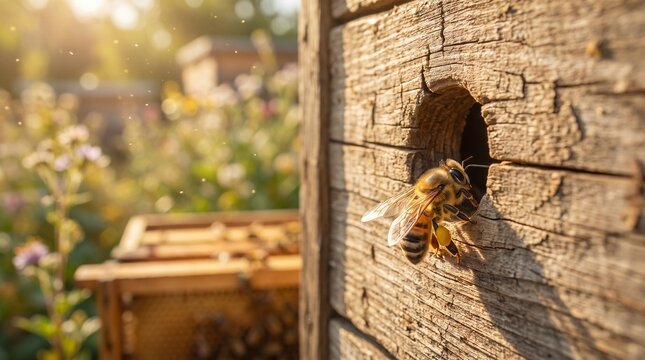 Honey bee entering wooden hive entrance with pollen baskets in sunlit garden
