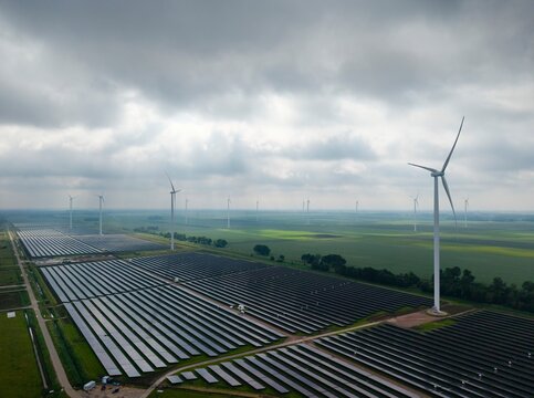 Aerial view of solar farm and wind turbine in Groningen