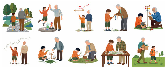 Fototapeta premium Grandfather and grandson engaging in outdoor learning, science experiments, and nature exploration activities, flat vector illustration set