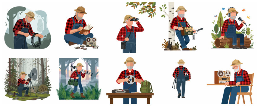 Set of illustrations depicting an elderly man as a field recordist capturing nature sounds and birdsong in a forest using vintage audio equipment.