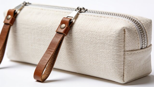 Minimalist beige tote bag with brown leather handles and zipper closure