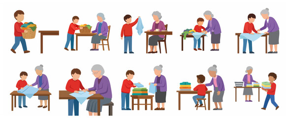 Fototapeta premium Grandson helping grandmother with laundry chores, folding clothes and carrying baskets vector illustration set
