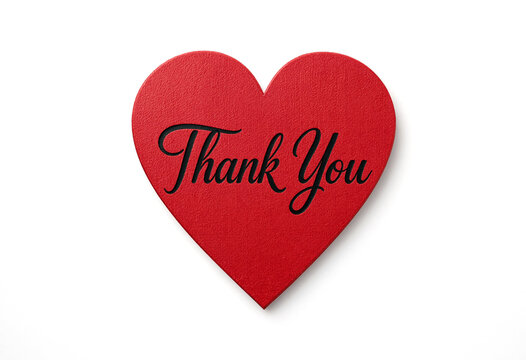 Beautiful red heart with thank you text written elegantly in cursive font