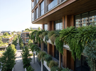 Fototapeta premium Modern Green Building Exterior with Vertical Garden Wall and Tropical Hanging Plants