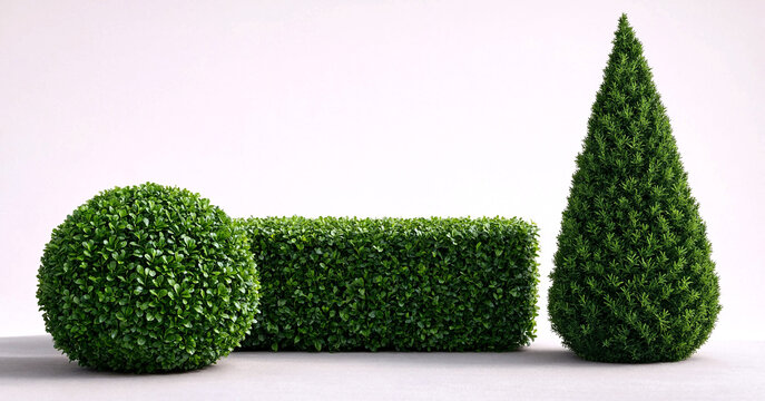 Beautifully trimmed topiary plants in spherical rectangular and conical shapes for garden landscaping